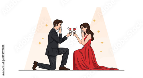 Man Proposing Marriage to Woman with Engagement Rings and Hearts