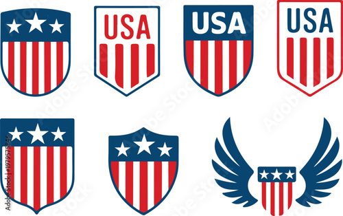 United States Shield Logos Set Patriotic USA Badge Icons - American Flag Shield Icons Collection USA Emblem Vector Design