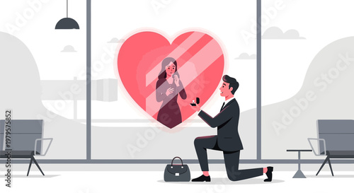 Man Proposing Marriage to Woman with Heart Symbol Reflection