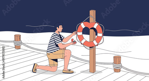 Man Proposing Marriage with Ring on Dock, Lifebuoy Decoration