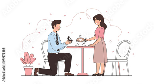 Man Proposing Marriage with Ring, Woman Accepting Coffee at Cafe