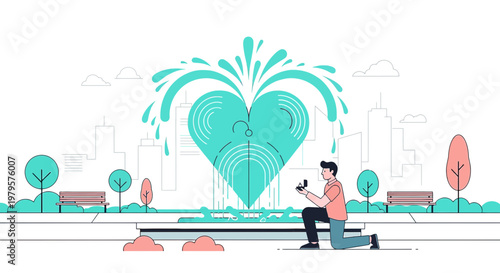 Man Proposing with Ring by Heart Fountain in City Park