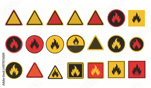 Fire warning sign icons set with hazard symbols flat vector safety design isolated on white background