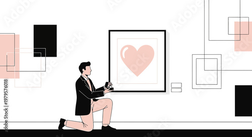 Man Proposing with Ring, Hanging Heart Art - Romantic Engagement Concept