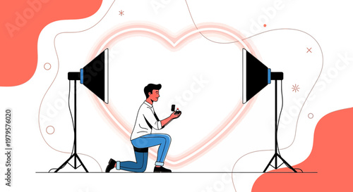 Man Proposing with Ring, Romantic Heart Lights, Engagement Scene