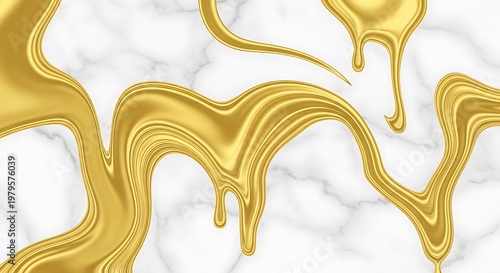 Liquid gold drips over a white marble surface with grey veining, abstract metallic flowing texture