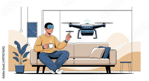 Man controls drone with AR interface in modern living room, illustrating future technology