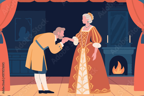 Two figures in Renaissance attire on stage, one bowing and kissing hand of noblewoman, red curtains and fireplace background, stylized vector illustration.
