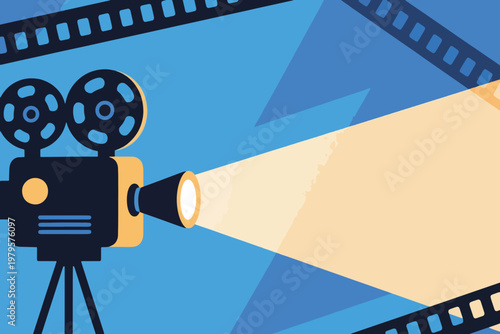 Vintage film projector casting bright beam of light with film strips and blue background, stylized vector illustration.