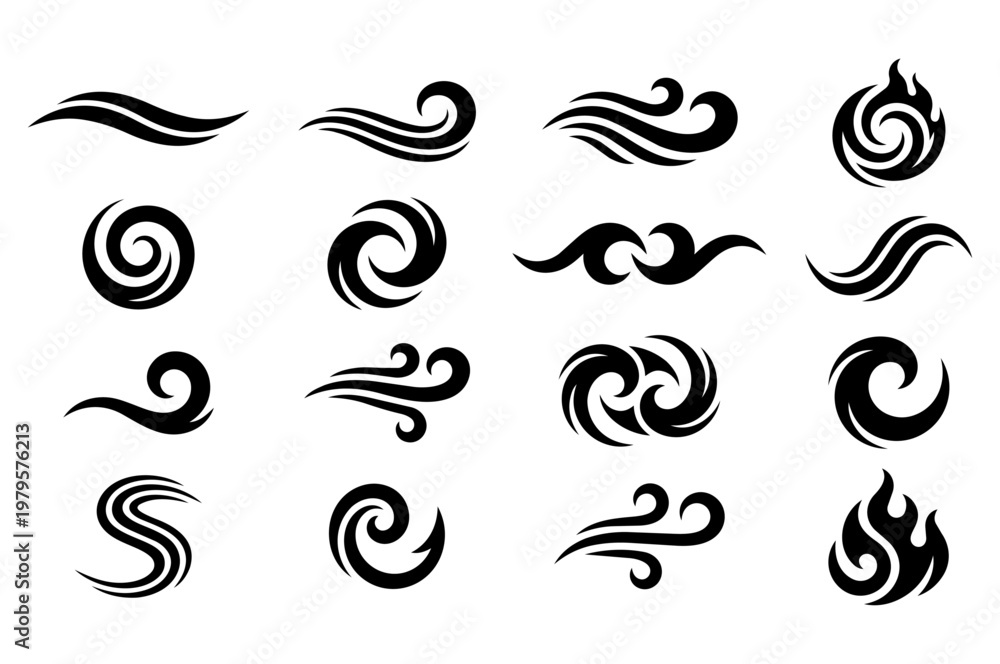 Fototapeta premium Tribal swirl shape collection of abstract wave, wind, and fire symbols