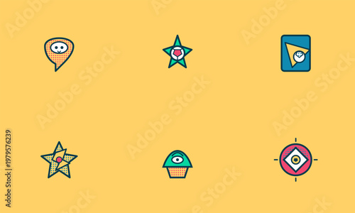 A set of six colorful and quirky cartoon stickers displayed on a bright yellow background