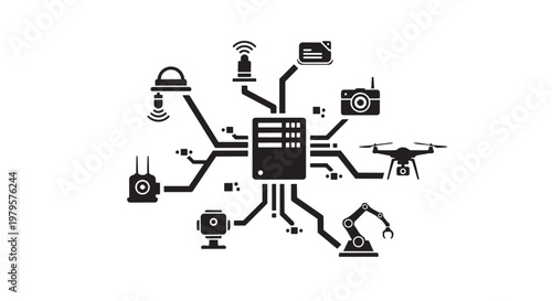 Industrial automation, robotics, and drone technology vector icons, connected devices, smart factory, industrial internet of things