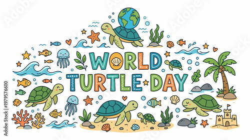 World Turtle Day cartoon illustration with sea creatures and beach elements