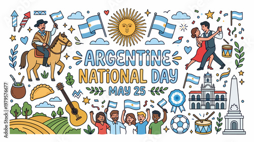 Argentine National Day May 25 Celebration Doodle Vector