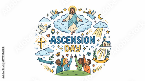 Ascension Day Jesus in Clouds with Angels and People