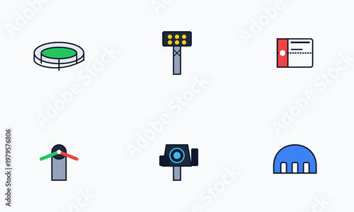Hand-drawn set of minimalist sports arena infrastructure icons including stadium floodlights ticket turnstile camera and entrance authentic illustration