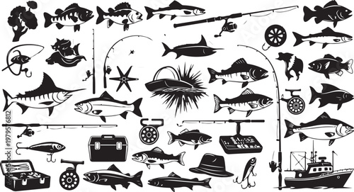 Fishing icons and sea creatures illustrations in black and white