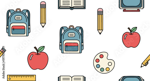 Back to School Seamless Pattern Flat Vector Education Icons Background