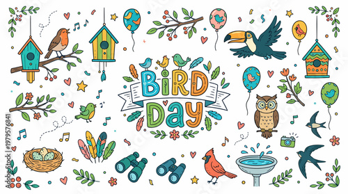 Bird Day Celebration Illustration with Various Birds and Elements