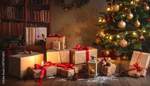 Christmas Presents and Decorated Tree in Cozy Room Setting.