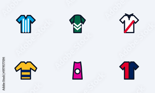 Hand-drawn collection featuring six distinct colorful soccer jersey icons with various stripes patterns and athletic styles for sports authentic illustration