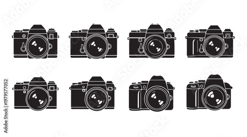 Collection of vintage camera silhouettes on a white background with subtle lens reflections