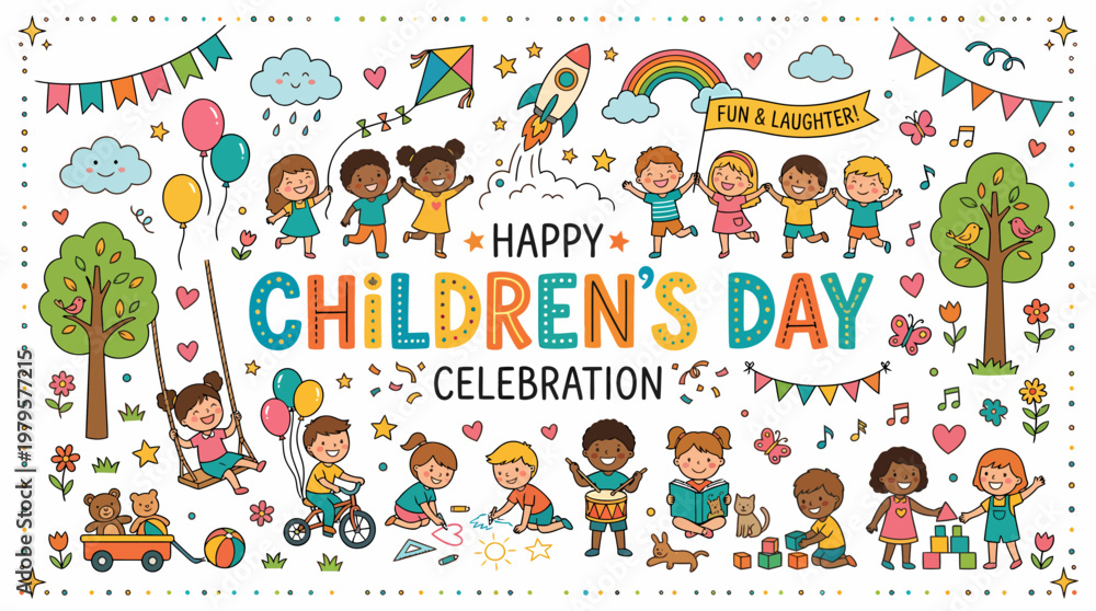 Fototapeta premium Happy Children's Day Celebration with Kids and Fun Elements