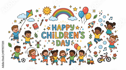 Happy Children's Day Celebration: Diverse Kids Playing, Flying Kites