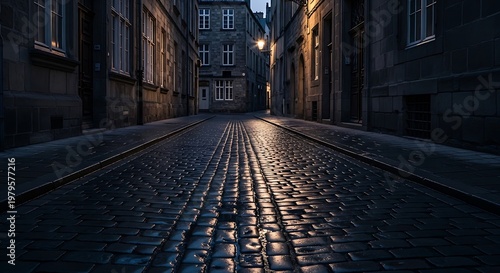 Narrow cobblestone street in a historic european city at twilight, illuminated by warm streetlights reflecting on wet stone pavement