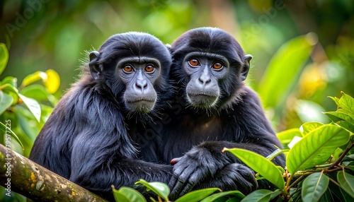 Two Black Monkeys Sitting Together in a Lush Green Forest.
