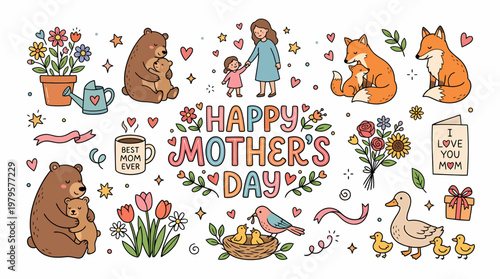 Happy Mother's Day Cute Animals and Family Illustration