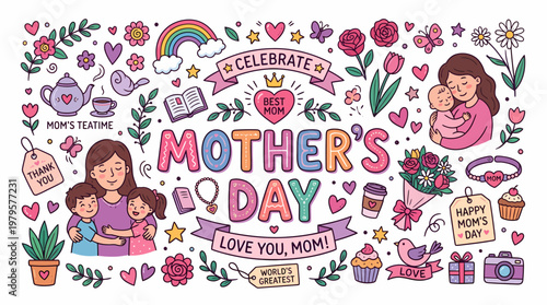 Happy Mother's Day Celebration Banner with Cute Illustrations