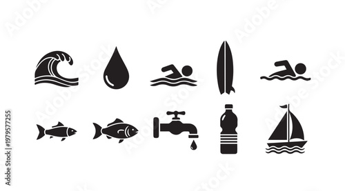 Collection of water-related icons including wave drop swimmer surfboard fish faucet bottle and sailboat