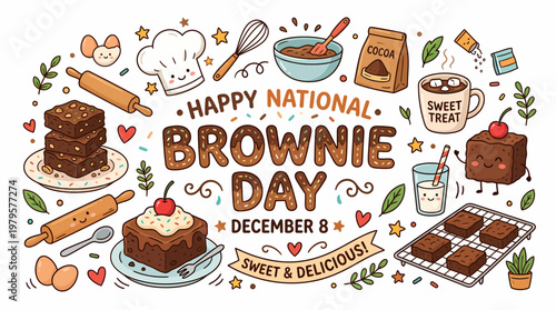Happy National Brownie Day December 8 Cute Cartoon Illustration