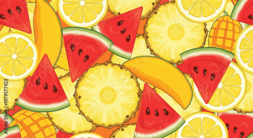 Cad drawing flat vector illustration of a vibrant tropical fruit pattern featuring watermelon slices, pineapple rings, mango, and lemon wedges.