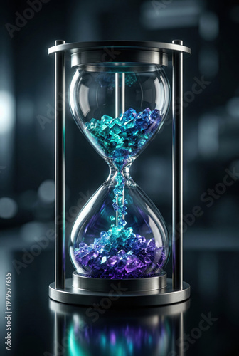 Rare earth minerals glowing inside a fragile glass hourglass