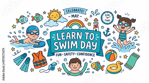 Learn To Swim Day Celebration with Kids and Aquatic Elements