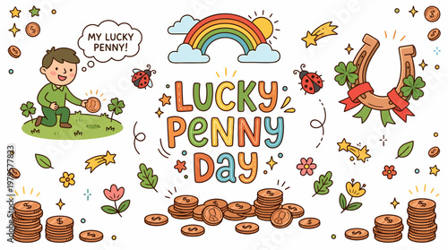 Lucky Penny Day cartoon illustration with rainbow, horseshoe, clover