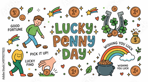 Lucky Penny Day Celebration - Luck, Fortune, Rainbow, Coins