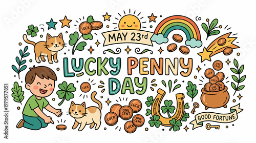 Lucky Penny Day Illustration: Boy, Cats, Clovers, Rainbow, Coins