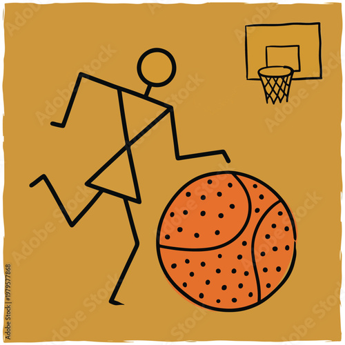 Modern Warli folk art illustration of a basketball player, Creative modern Warli tribal art illustration of a stick figure dribbling an oversized basketball towards a hoop on a yellow background
