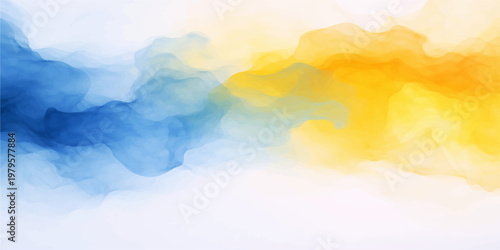 Bright abstract watercolor sky background with soft blue clouds and sunny golden light reflecting a beautiful summer sunset over a calm sea landscape