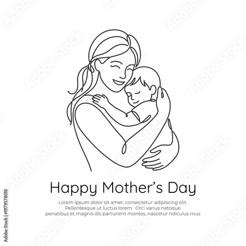 Mother embracing her child line art illustration for Mother's Day greeting card, minimalist continuous line drawing of mom and baby love, vector design for posters and banners