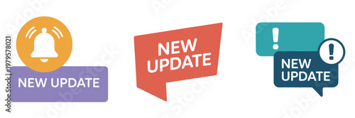 Set of new update alert with bell, notification symbol, modern UI update concept, flat vector illustration