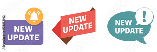 Set of new update alert with bell, notification symbol, modern UI update concept, flat vector illustration