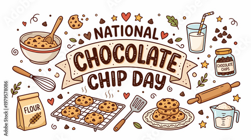 National Chocolate Chip Day Banner with Cookies and Baking Elements