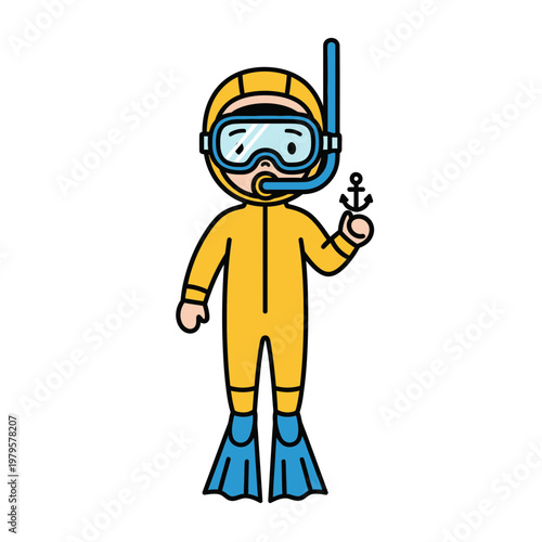 Cartoon diver in yellow wetsuit with snorkel and flippers holding an anchor.