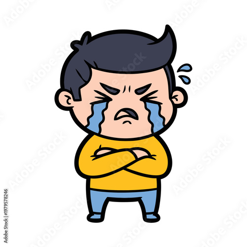 Cartoon man crying with arms crossed in frustration.