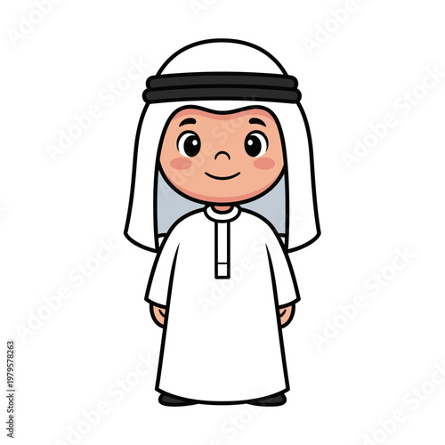 Cute cartoon Arab boy in traditional thobe and ghutra.