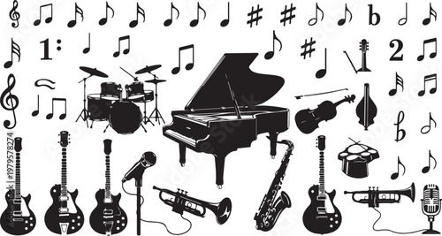 Musical Instruments and Notes in Black and White Vector